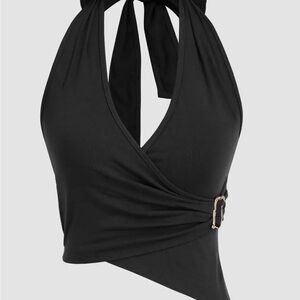 Cider Black Halter Wrap Crop Top with Gold Buckle